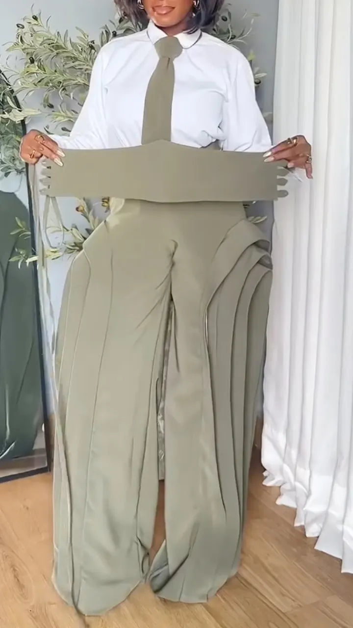 Olive Cropped Lapel Blazer Layer Flare Pant Suit Set