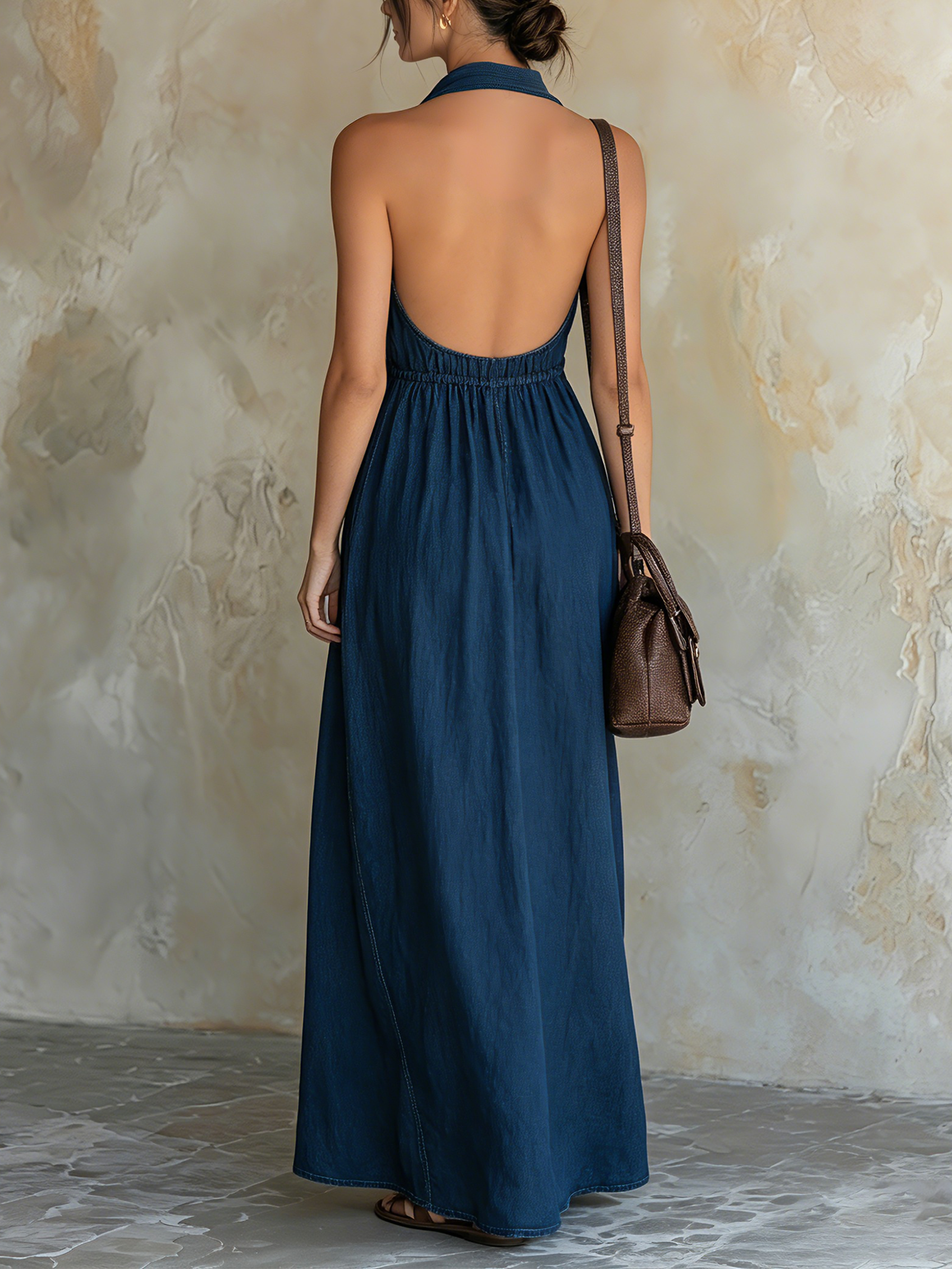 Dark Blue Tencel Denim Halter Neck Backless Maxi Dress