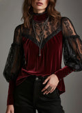 Elegant Velvet & Lace Victorian-Inspired Blouse