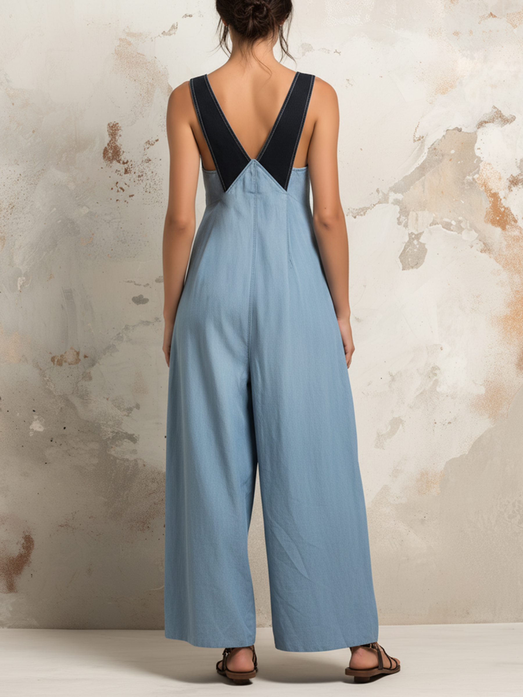 Two-Tone Denim V-Neck Wide-Leg Jumpsuit With Pockets