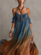 Blue Gradient Chiffon Maxi Dress With Lace Trim