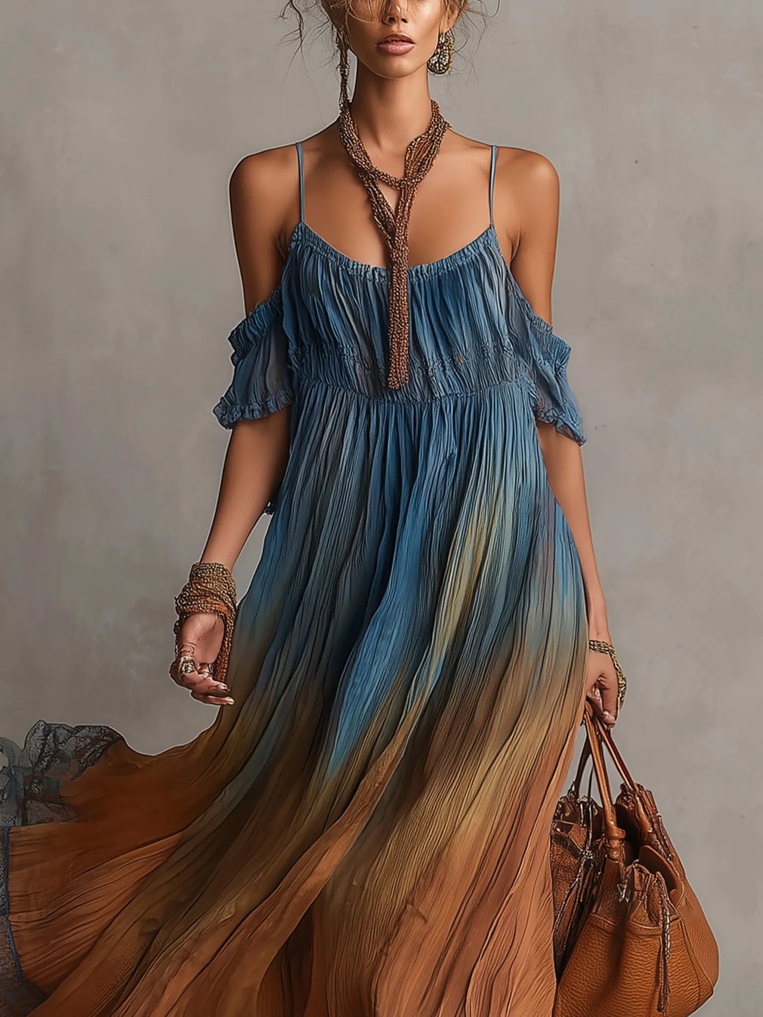 Blue Gradient Chiffon Maxi Dress With Lace Trim