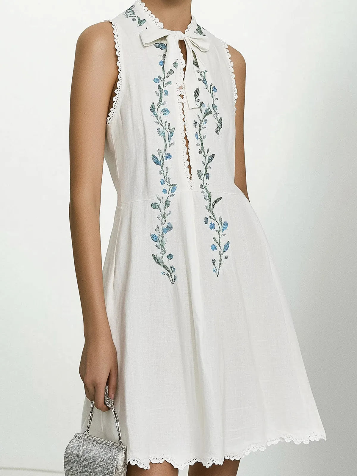White Sleeveless Linen Dress with Embroidered Front