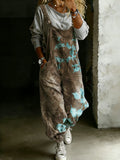 Women’s Vintage Abstract Ethnic Floral Art Print Casual One Piece Denim Jumpsuit