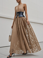 Black Lace Hollow Out Cotton Crew Neck Sleeveless A-Line Maxi Dress With Belt