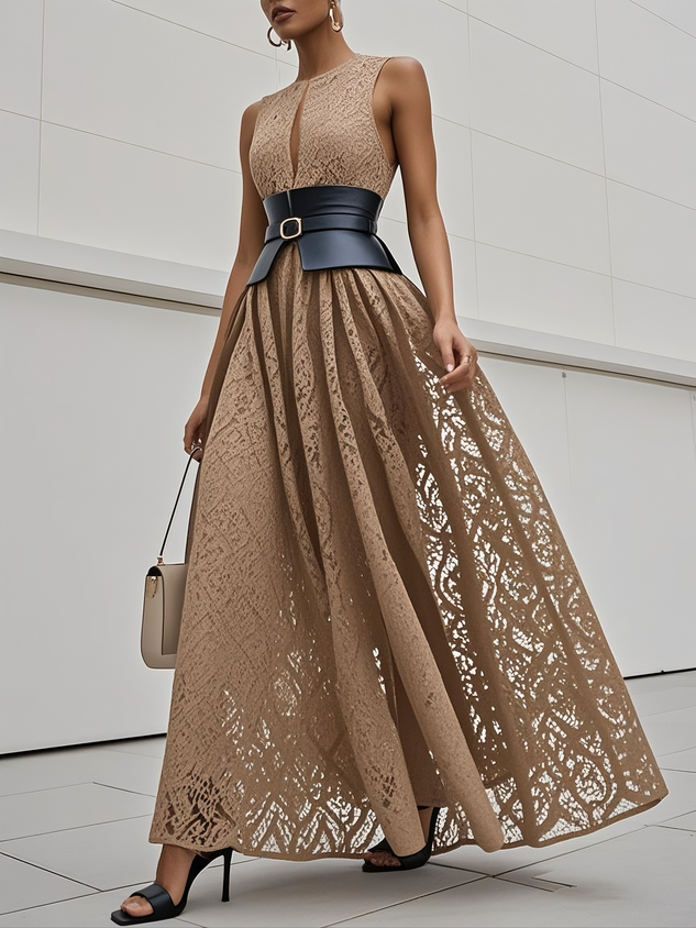 Black Lace Hollow Out Cotton Crew Neck Sleeveless A-Line Maxi Dress With Belt
