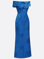 Blue Jacquard Floral Satin Off The Shoulder Sleeveless Sheath Maxi Dress