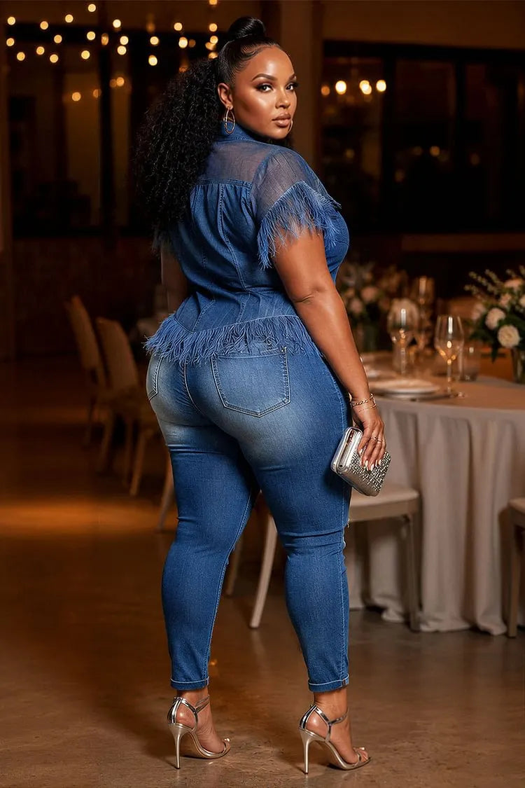 Plus Size Denim Fringe Rhinestone Top