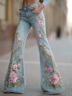 Bohemian Style Women's Plant Flower Embroidery Loose Fit Wide Leg Straight Leg Denim Long Pants