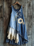 Flowers Denim Textile Lace Patchwork Tank Dress c4a4