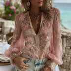 Women's Vintage Pink Rose Embroidered Art V-neck Long Sleeve Blouse