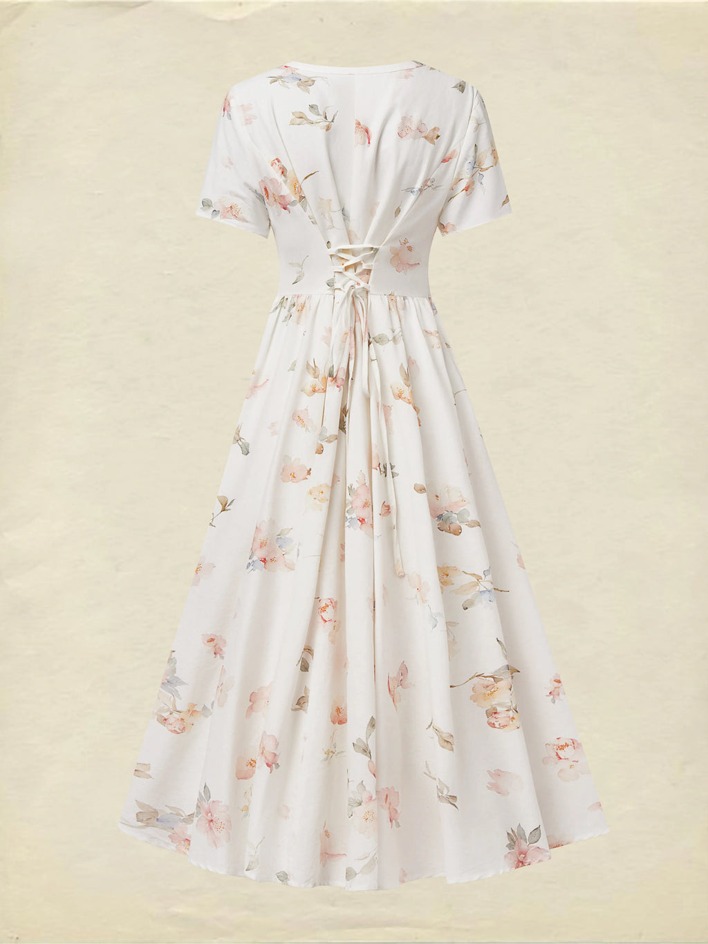 Midi Linen Dress, Short Sleeves, V Neck, Floral, Vintage, White
