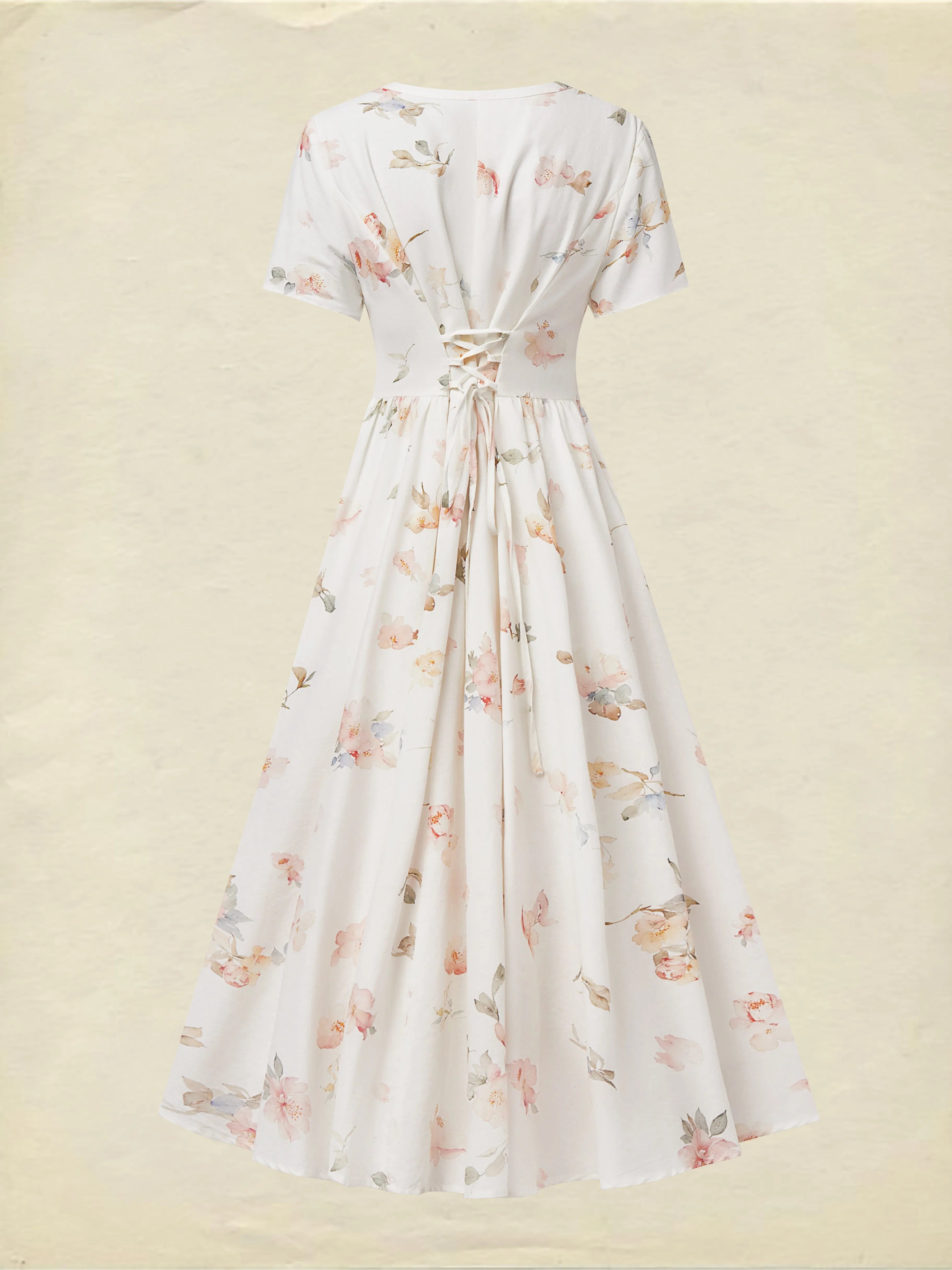 Midi Linen Dress, Short Sleeves, V Neck, Floral, Vintage, White