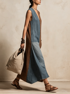 Patchwork Polka Dot Denim Linen-Blend Sleeveless Maxi Dress