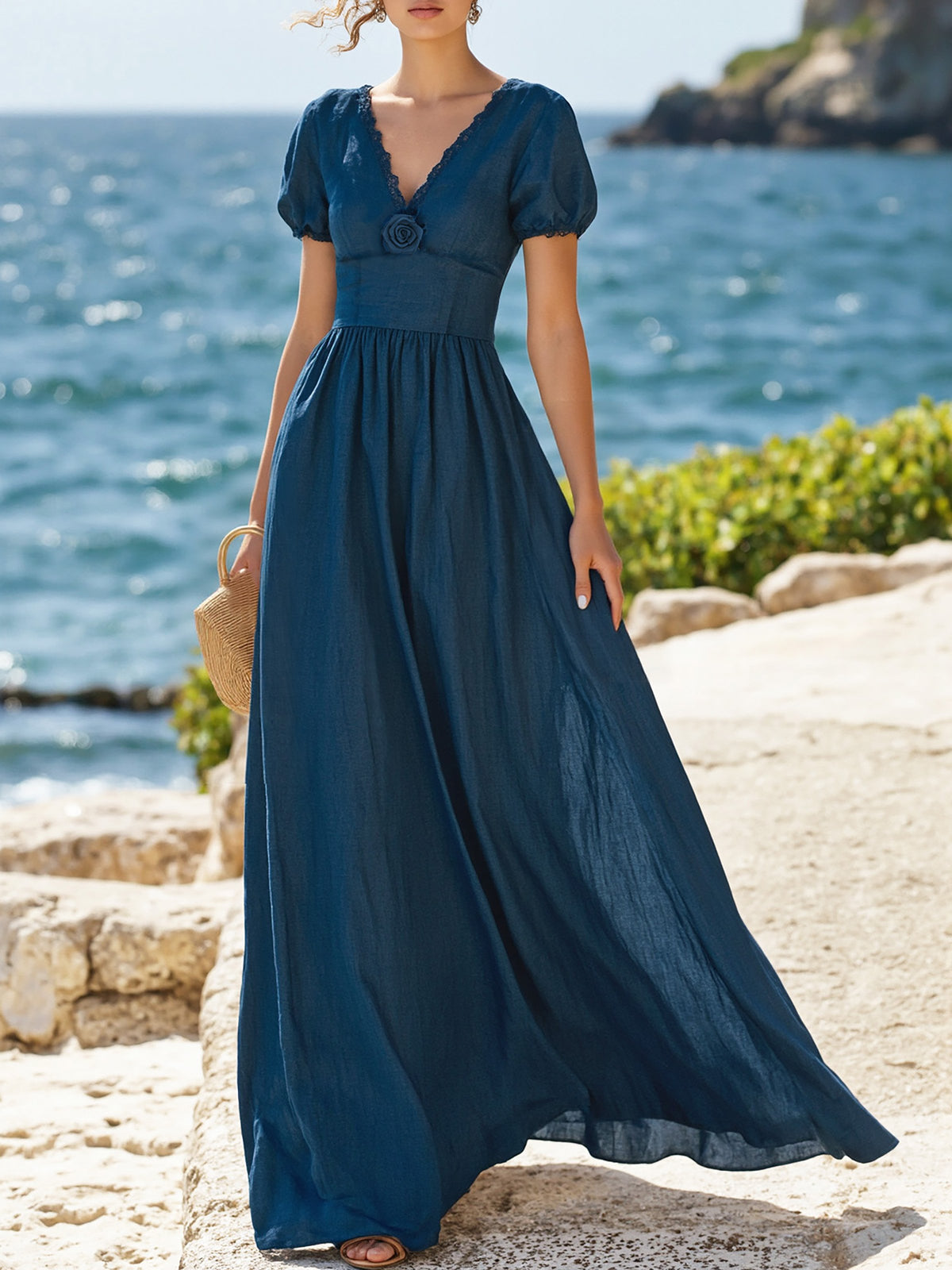 Maxi Linen Dress , Short Sleeves, V Neck, Plain, Lace, Vintage, Blue