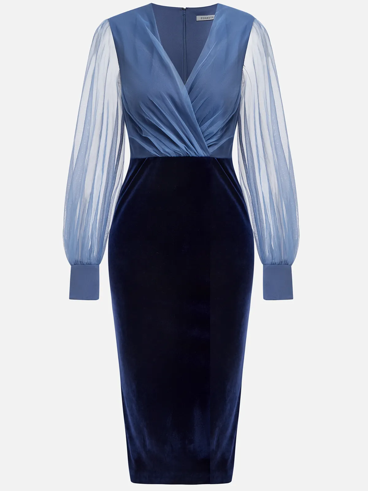 Navy Blue Mesh Split Joint Balloon Sleeve Sheath Midi Velvet Dress
