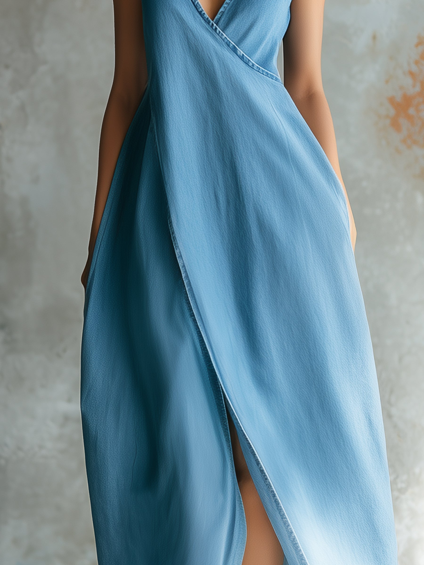 Wrap V-Neck Sleeveless Denim Maxi Dress