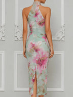Elegant Floral Halter Bodycon Midi Dress