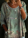 Women's Vintage Flower Casual Loose Denim Blouse Shirt