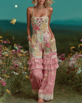 Summer Floral Embroidery Tie-dye Lace Patchwork Overalls b120