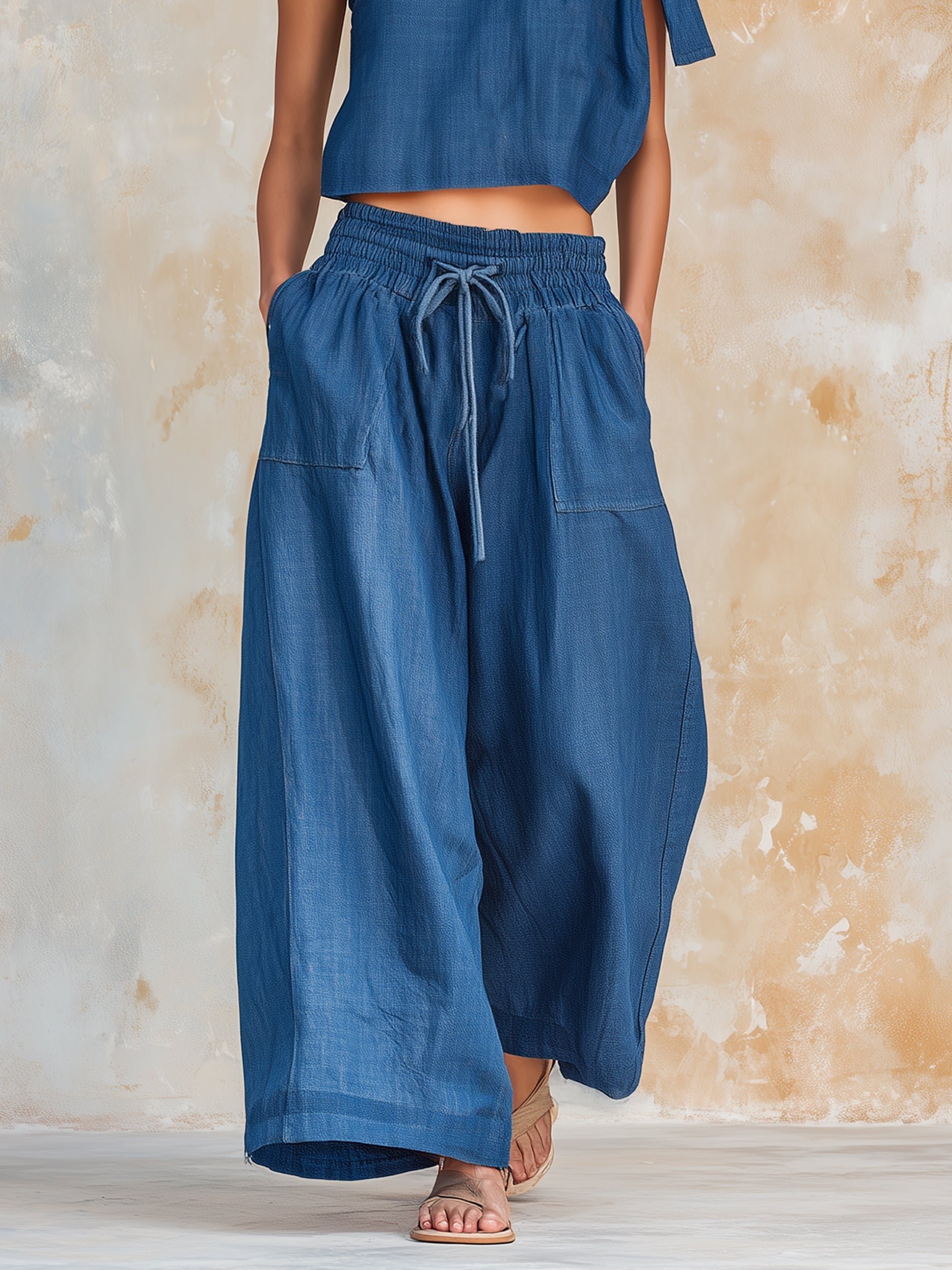 One-Shoulder Bow Tie Tencel Denim Two-Piece Set