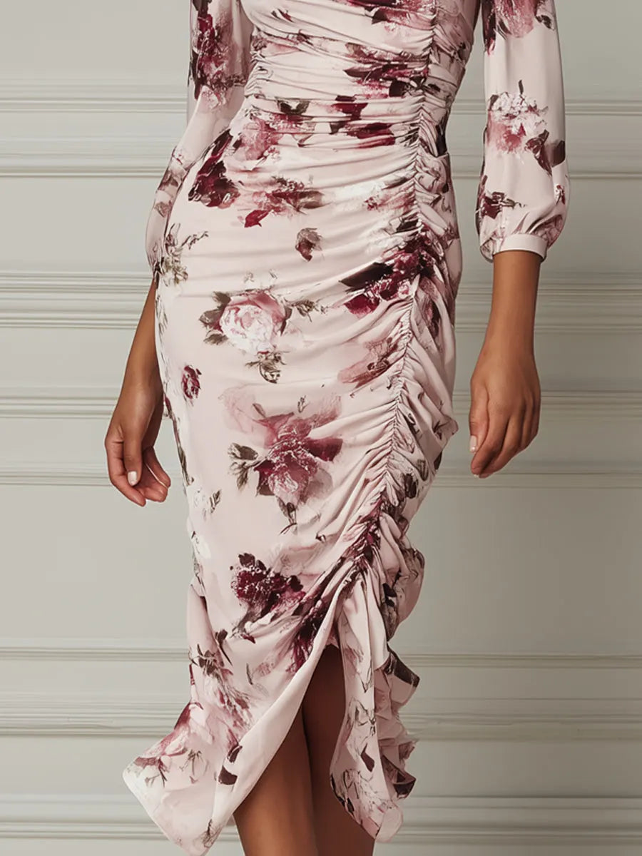 Blush Floral Print Ruched Midi Dress