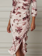 Blush Floral Print Ruched Midi Dress