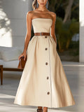 Beige Cotton Blend Strapless Midi Dress with Belt