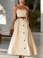 Beige Cotton Blend Strapless Midi Dress with Belt