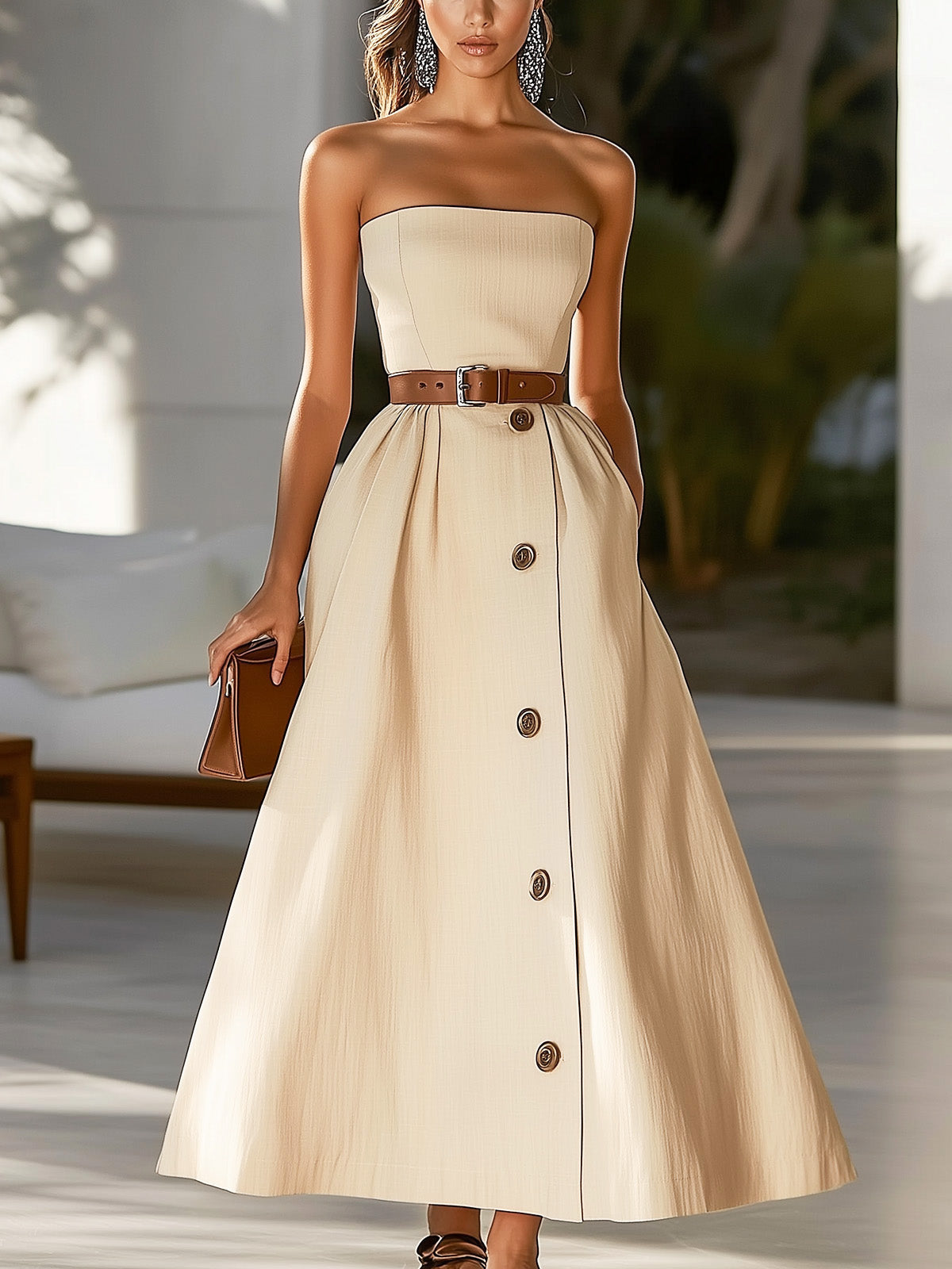 Beige Cotton Blend Strapless Midi Dress with Belt