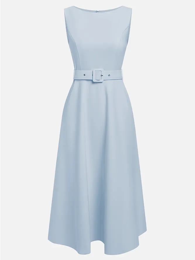 Light Blue Classic Boat Neck Sleeveless A-Line Midi Dress