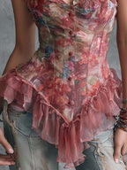 Boho Floral Chiffon Ruffle Corset Top