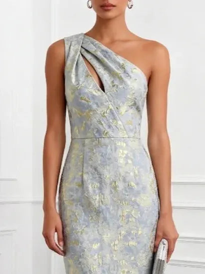 Light Blue Jacquard Classic One Shoulder Sleeveless Sheath Floor-length Gown Dress