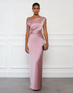 Pink Satin One Shoulder Sleeveless Sheath Gown Dress