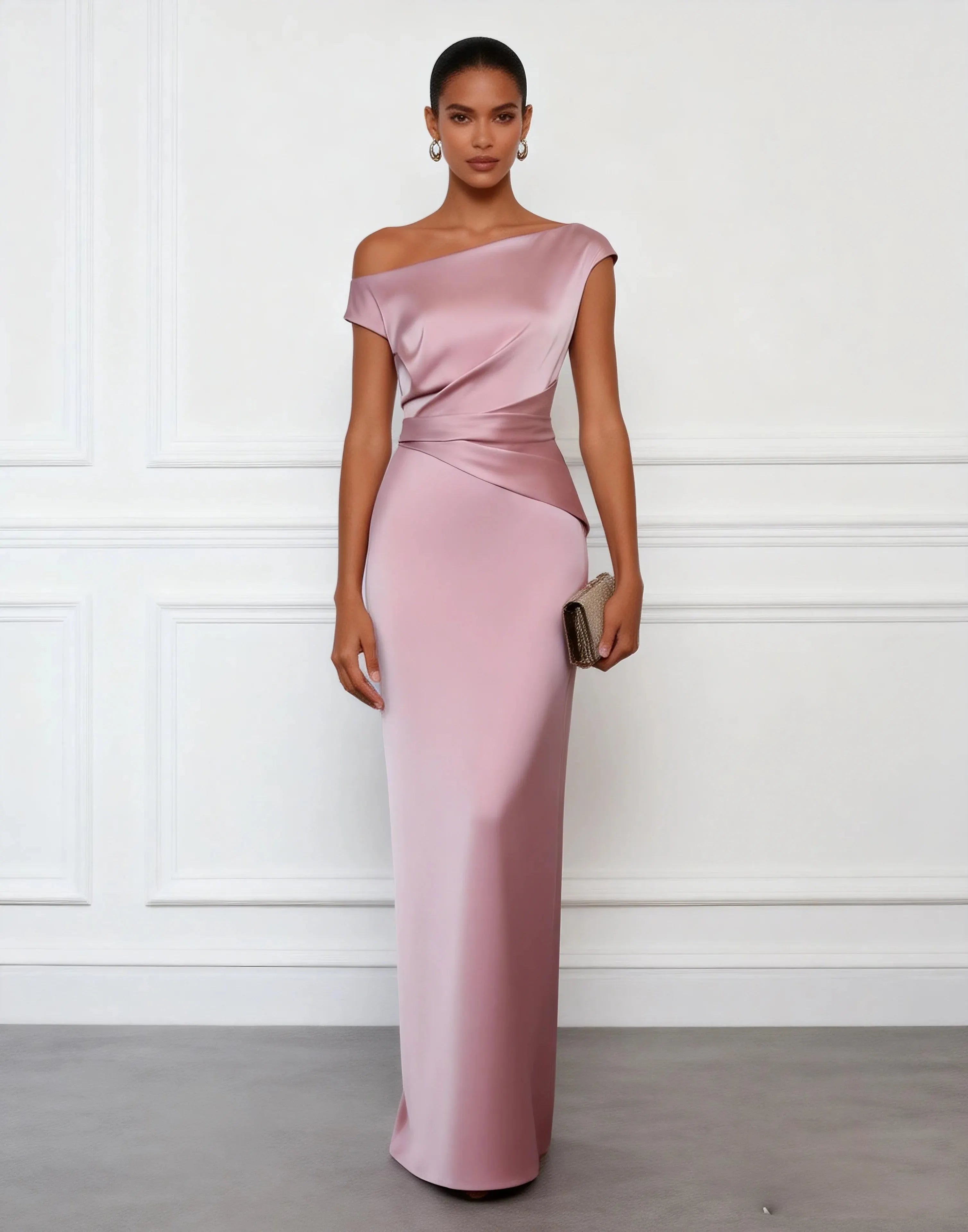 Pink Satin One Shoulder Sleeveless Sheath Gown Dress