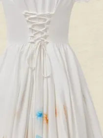 Linen Maxi Dress, Short Sleeve, Lace Collar, Floral, Vintage, White