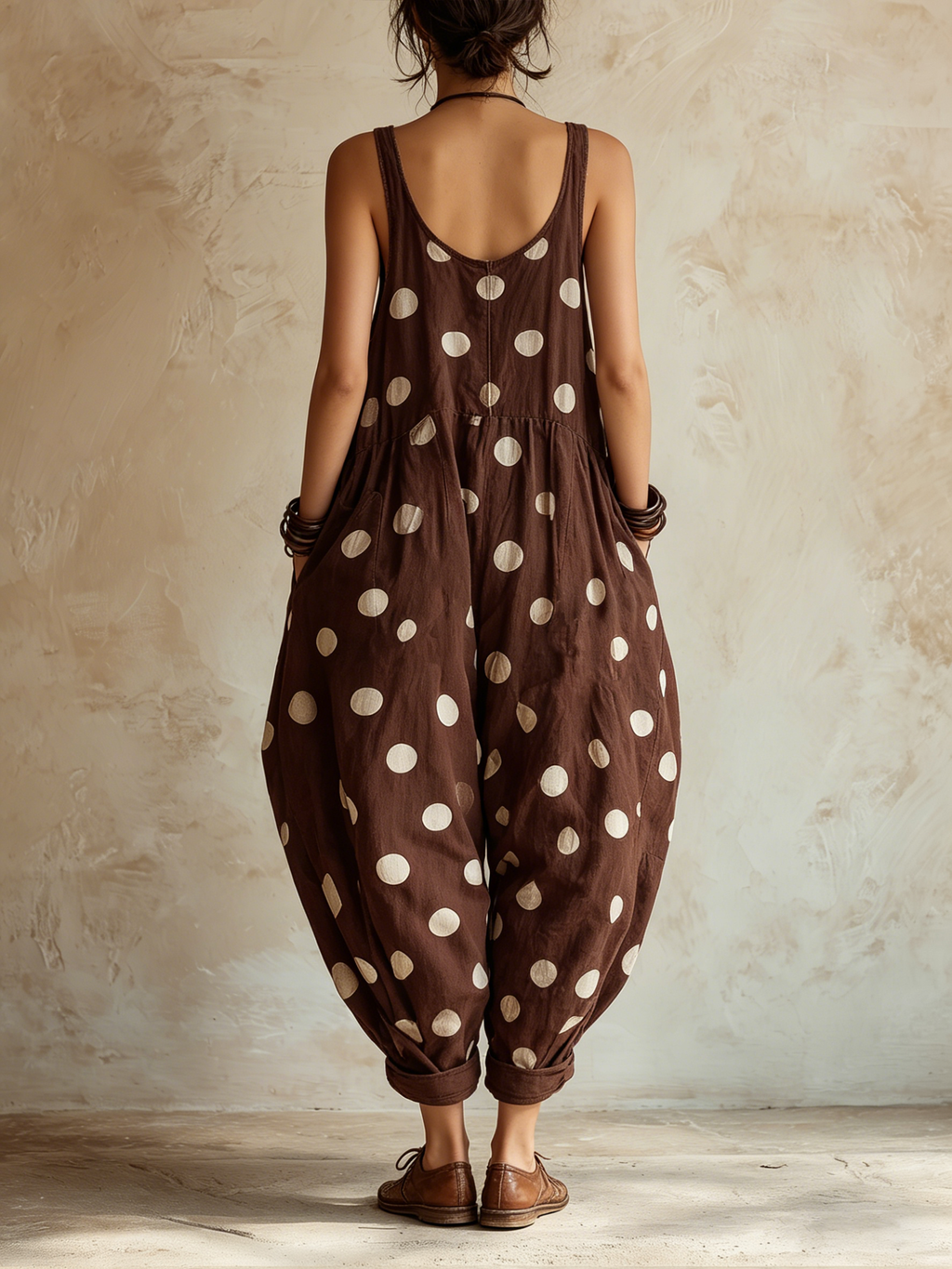 Brown Polka Dot Linen-Blend Loose Sleeveless Jumpsuit