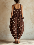Brown Polka Dot Linen-Blend Loose Sleeveless Jumpsuit