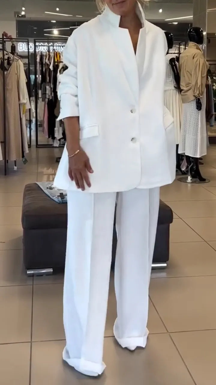 Oversized White Blazer Wide Leg Trousers Suit Set