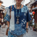 Women's Japanese Traditional Sashiko And Wave Patchwork Art Linen Short-sleeved Top