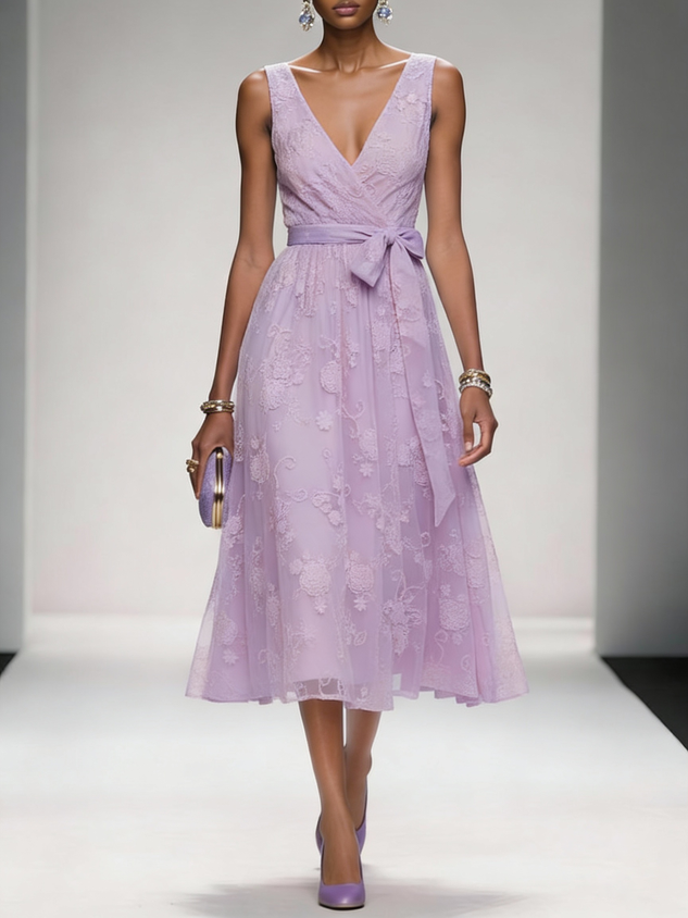 Light Blue Bow Embroidery Classic V Neck Sleeveless A-Line Midi Dress With Pockets