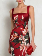 Red Floral Satin Square Neck Sleeveless Sheath Midi Dress