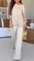 Women's Sequined Mesh Drop-Shoulder Top + Trousers Casual Set