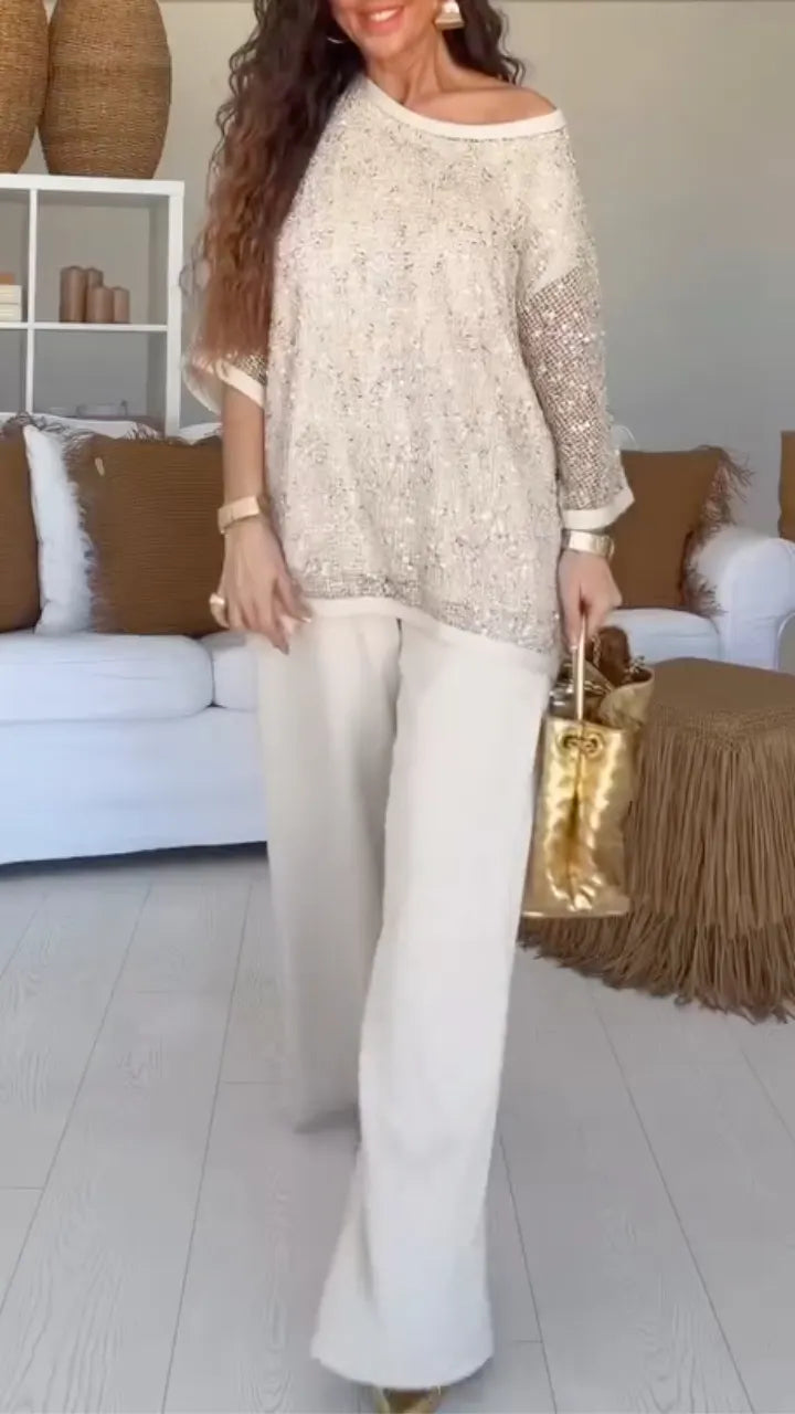 Women's Sequined Mesh Drop-Shoulder Top + Trousers Casual Set