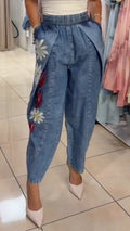 Floral Print Rhinestones Light Denim Harem Pants