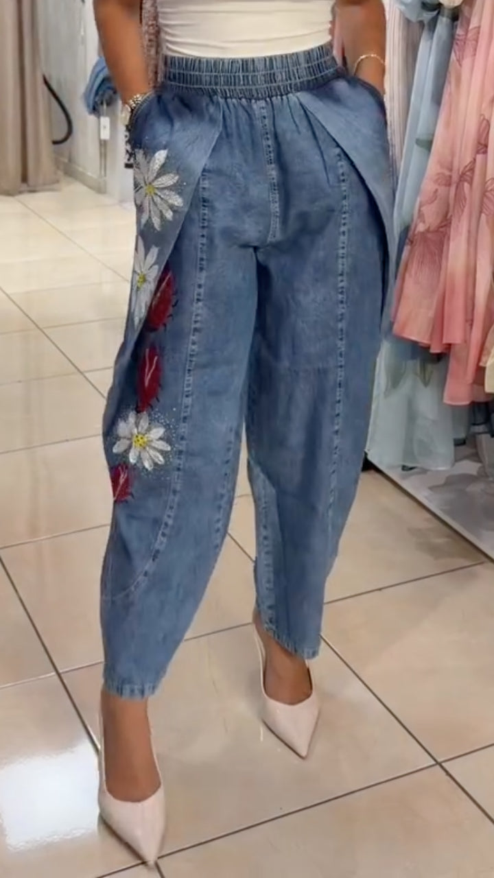 Floral Print Rhinestones Light Denim Harem Pants
