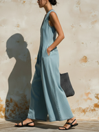 Light Wash Denim Sleeveless Wide-Leg Jumpsuit