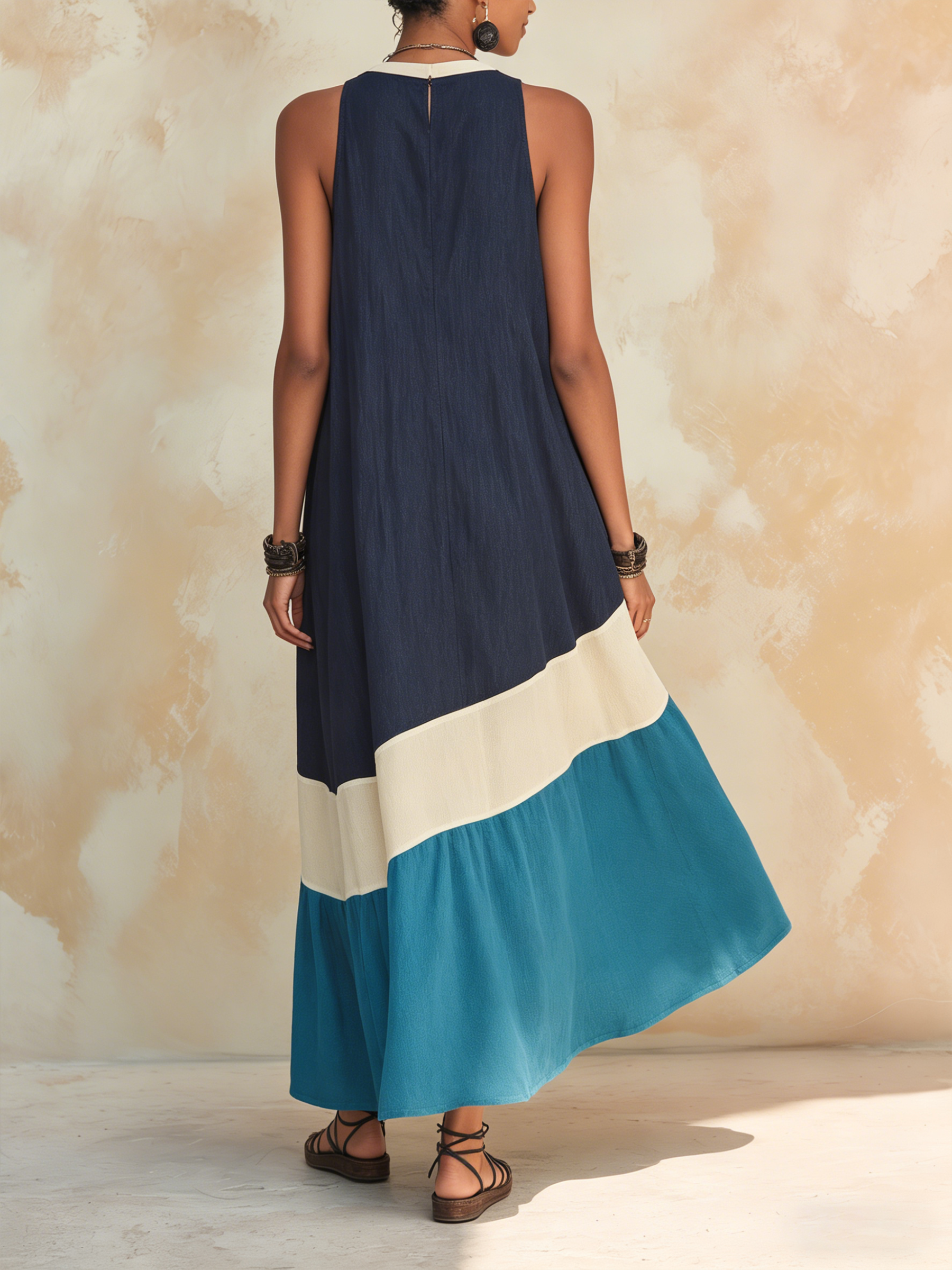 Color Block Linen-Blend Maxi Dress