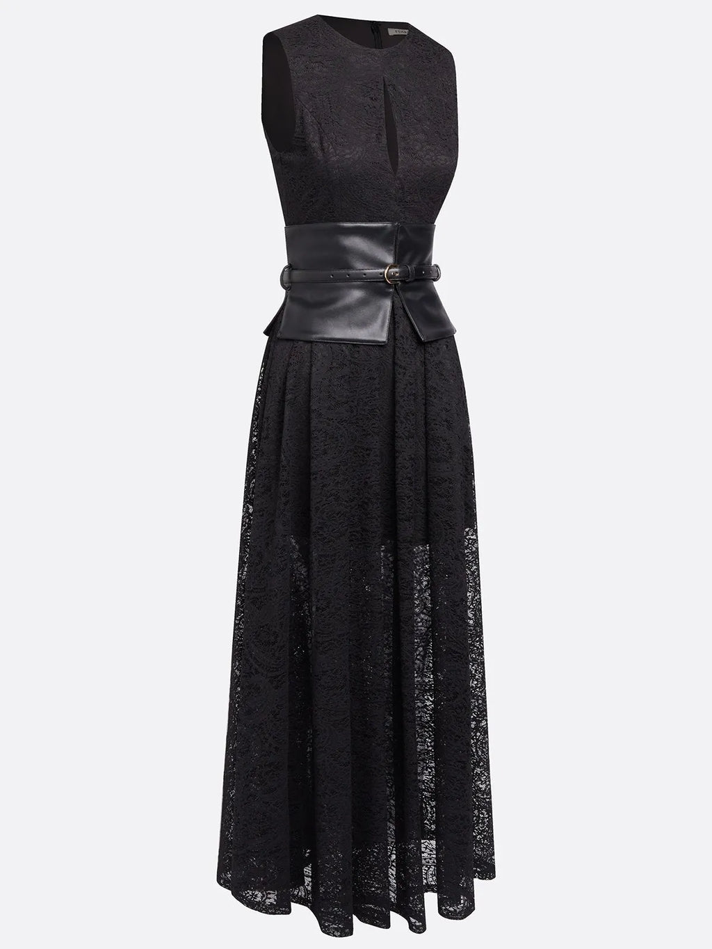 Black Lace Hollow Out Cotton Crew Neck Sleeveless A-Line Maxi Dress With Belt