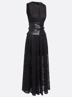Black Lace Hollow Out Cotton Crew Neck Sleeveless A-Line Maxi Dress With Belt